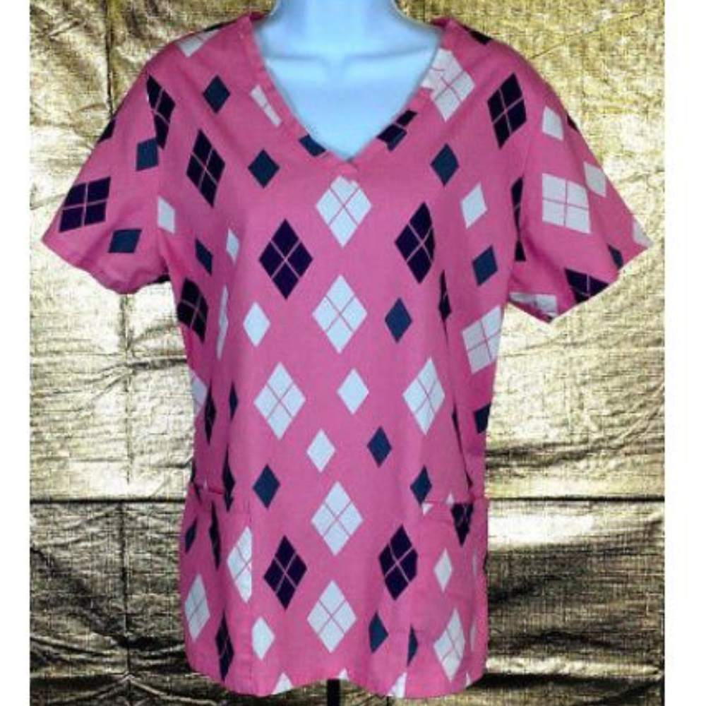 Pink Scrub Top Argyle Work Uniform Shirt V Neck
